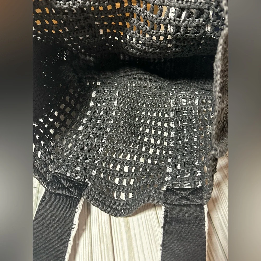 Karl Lagerfeld Paris Antibes Black Woven Straw Tote Bag Logo Straps - Picture 3 of 7